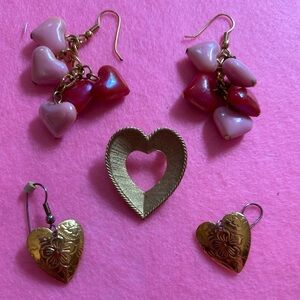Gold Heart Cluster Earrings with Pink and Red Accents